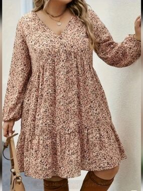 Mixed Floral V-Neck Long Sleeve Dress - Pink